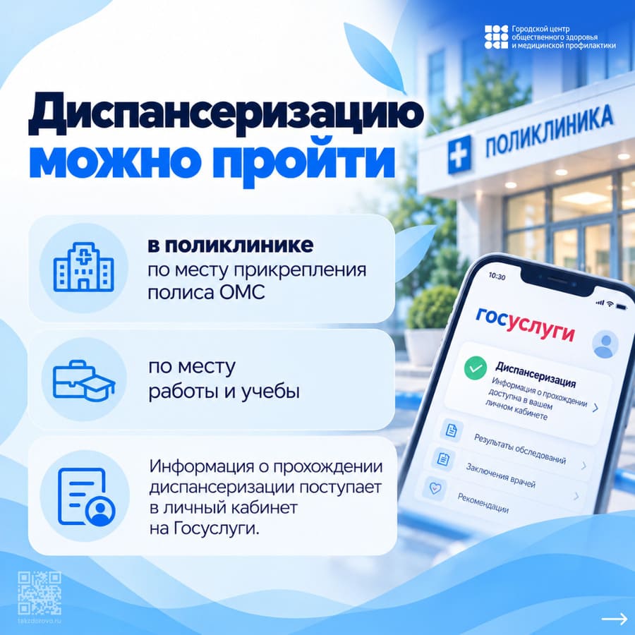 Диспансеризацию можно пройти в поликлинике, по месту работы и учебы